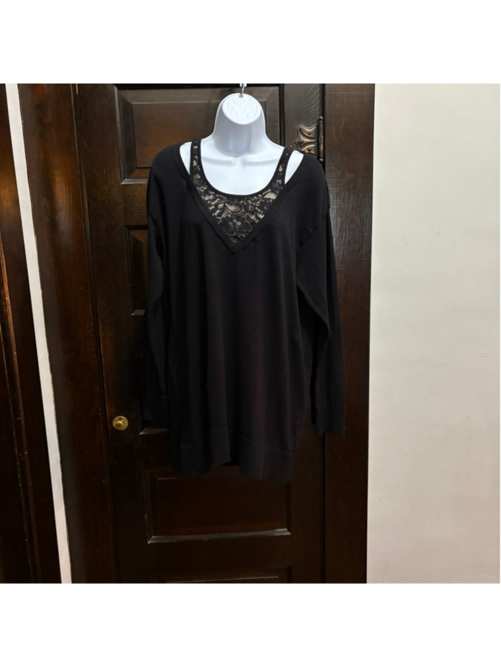 (86) ELLE Women’s XL Black Long Sleeve Lace Layered Tunic Top V-Neck